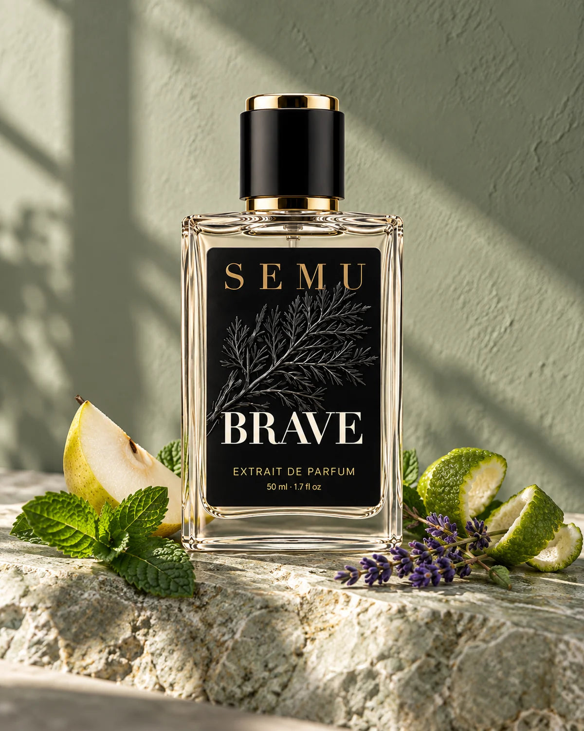 Brave parfümü, yeşil meyveler ve aromatik bitkilerle taş zemin üzerinde.